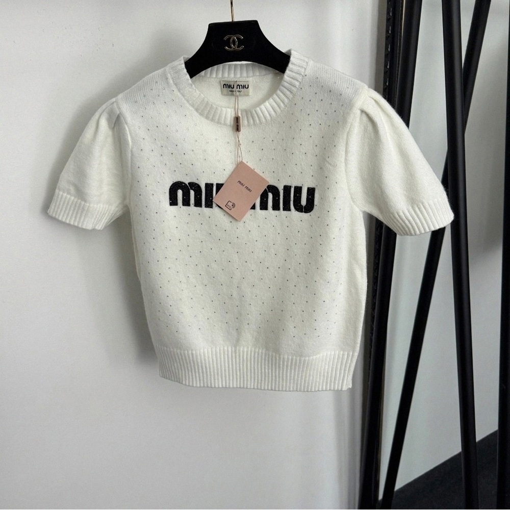 Miu Miu White Short Sleeve Tee with Black Logo